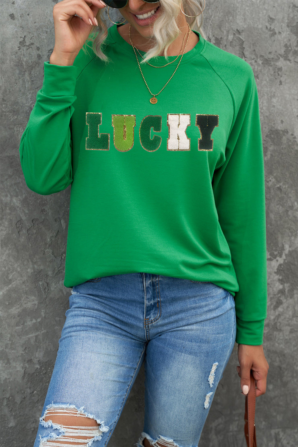 LUCKY Chenille Embroidered Graphic Sweatshirt - Gold Cactus