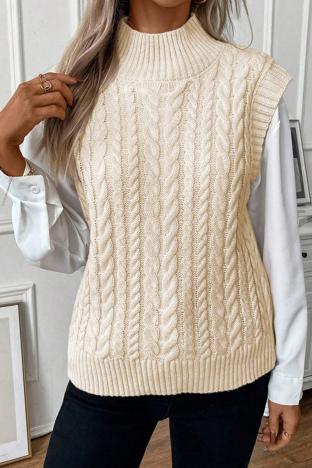 Sylvia Cable Knit High Neck Sweater Vest - Gold Cactus