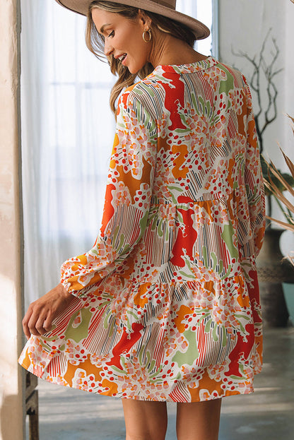 Daniella Split Neck Puff Sleeve Flowy Printed Dress - The Gold Cactus