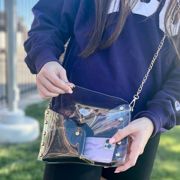 stadium approved clear bag With Purple And Gold Tassel